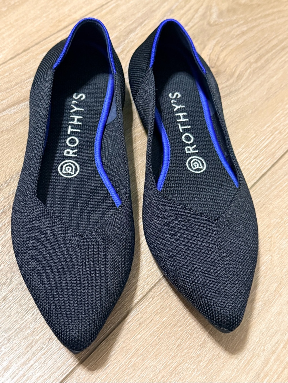 Rothy's Black Pointed Knit Flats with Blue Accent